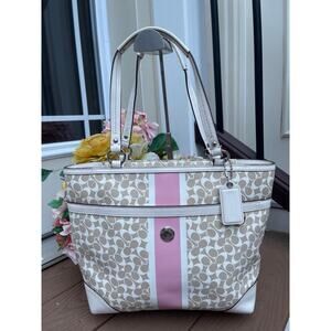 Coach F15137 BEIGE WHITE Heritage Signature Stripe Tote Bag (u120